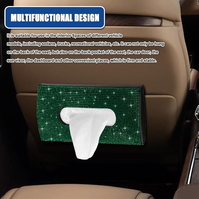 Bling Car Sun Visor Tissue Box Holder, Visor Accessories, Rhinestone PU Leather Crystal Sparkling Napkin Holder, Auto Sun Visor Paper Towel Cover Case Accessories for Most Cars (Green)