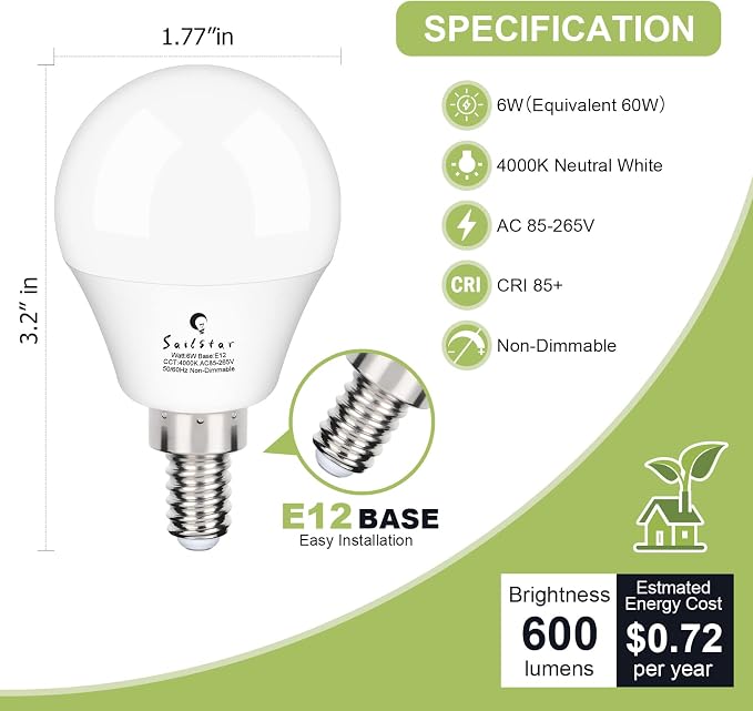 Ceiling Fan Light Bulbs, E12 LED Bulb 60W Equivalent, Neutral White 4000K, 600 Lumens, A15 Small Candelabra Base LED Light Bulbs 6W, CRI 85, Non-dimmable, Pack of 6