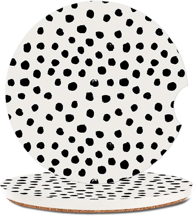Absorbent Car Cupholder Coaster 2 Pack,Ceramic Stone with a Finger Notch for Women & Lady,Cork Base Drink Coasters 2.56 Inch,Cute Auto Accessories Gifts - Cute Black Polka Dot