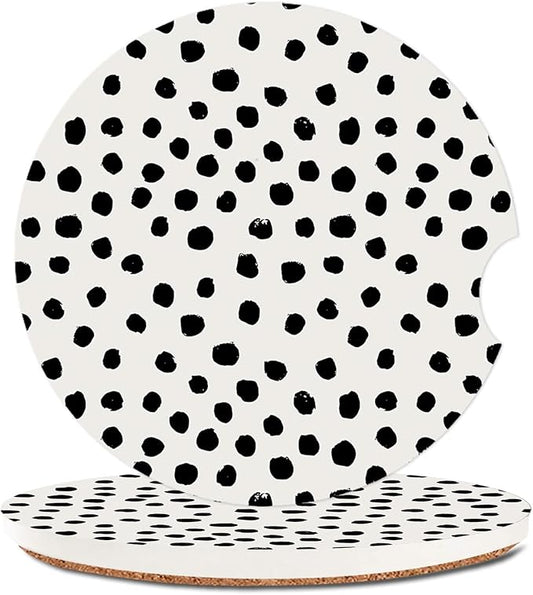Absorbent Car Cupholder Coaster 2 Pack,Ceramic Stone with a Finger Notch for Women & Lady,Cork Base Drink Coasters 2.56 Inch,Cute Auto Accessories Gifts - Cute Black Polka Dot