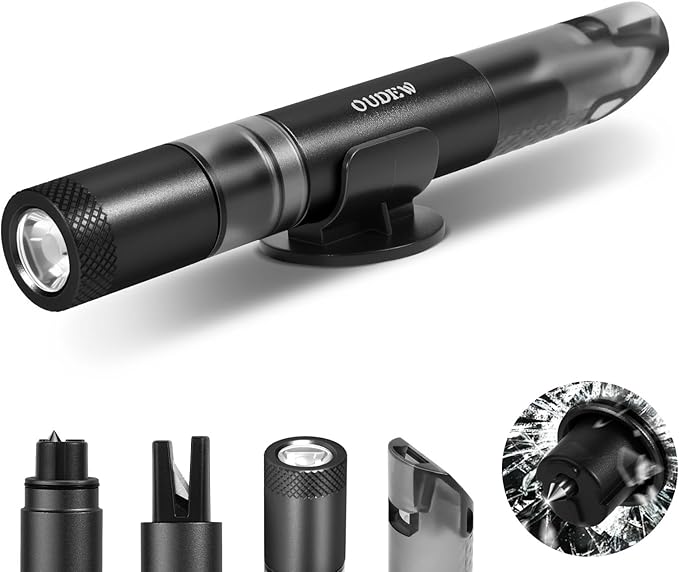 4-in-1 Car Window Breaker Seatbelt Cutter Emergency Escape Tool | Portable Spring Loaded Glass Breaker, Survival Whistle, LED Flashlight, Aluminum Alloy Safety Hammer for Emergencies, Black