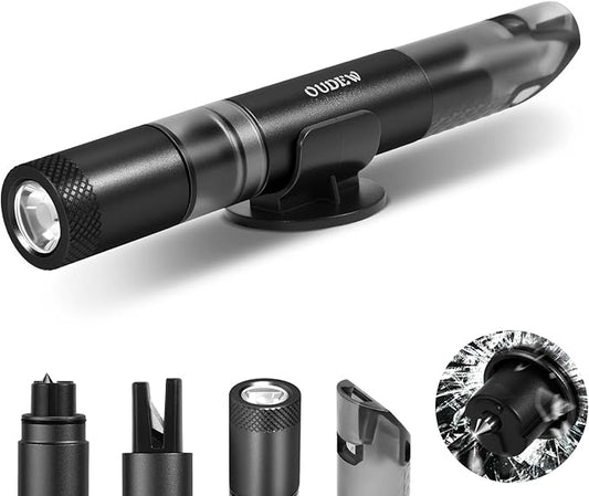 4-in-1 Car Window Breaker Seatbelt Cutter Emergency Escape Tool | Portable Spring Loaded Glass Breaker, Survival Whistle, LED Flashlight, Aluminum Alloy Safety Hammer for Emergencies, Black