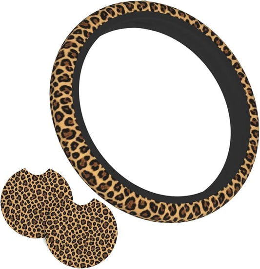 Leopard Print Steering Wheel Cover - Cheetah Leopard Print Steering Wheel Cover Anti-Slip Breathable for 15 in Universal 2 Pcs Car Interior Cup Holder Pad for Men Women
