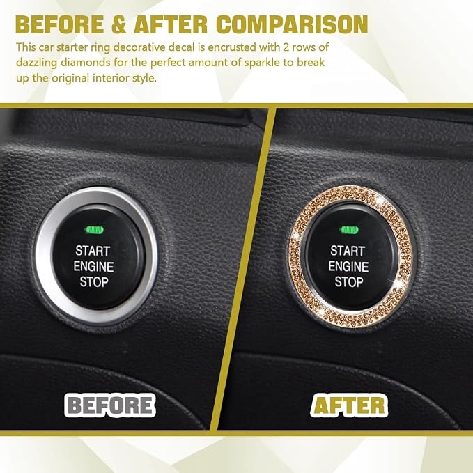 Bling Car Crystal Rhinestone Ring Emblem Sticker, Push to Start Button Cover/Sticker, Key Ignition Starter & Knob Ring, Car Interior Decoration Bling Car Accessories for Women