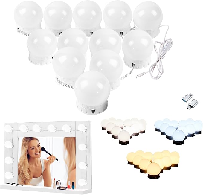 LED Vanity Lights for Mirror, High Brightness LED Chip, Hollywood Style Vanity Light with 12 Dimmable Bulbs, Adjustable Color & Brightness, USB Cable, Mirror lights for Makeup, lighting and Decoration