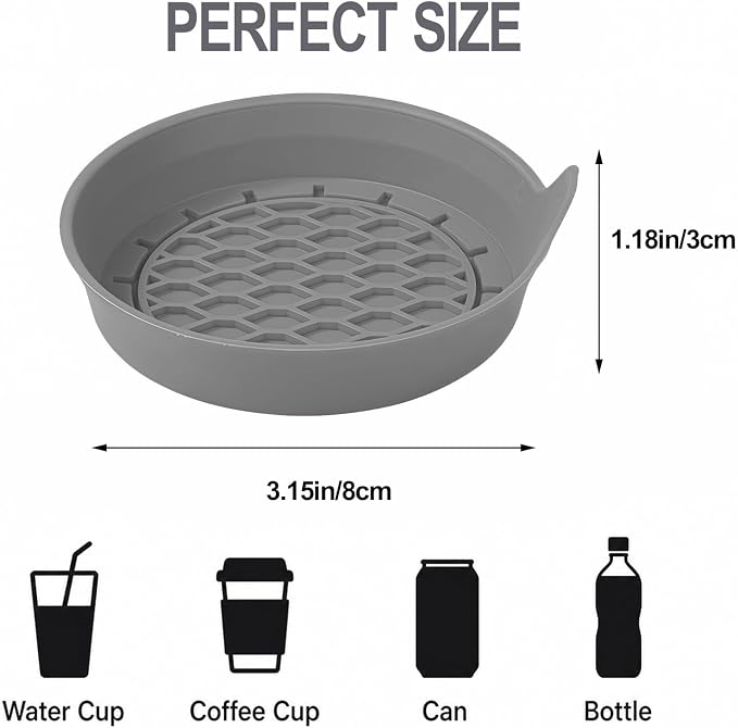 4 Pack Car Cup Holder Coaster, 3.15 Inch Non-Slip Silicone, Gray | Cup holder insert, spill proof ,raised lip, honeycomb base, rinse clean, fits most sedans suvs trucks, automotive accessories