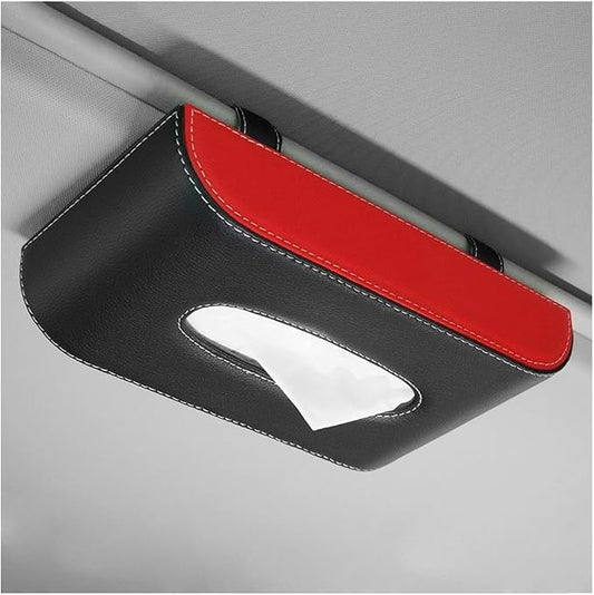 Car Tissue Holder, Rectangular Leather Sun Visor Napkin Case with Tissue Refill, Universal Mask Dispenser Hanging Paper Towel Organizer for Most Vehicles, Car Accessories (Black & Red)