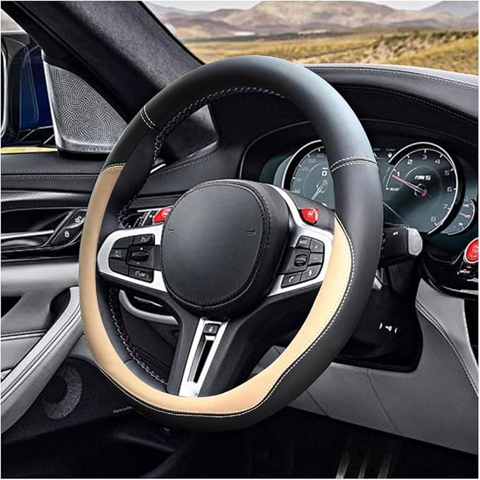 LAINLOY 15" Car Steering Wheel Cover, Microfiber Leather Cover, Beige | Anti-Slip Breathable Steering Wheel Decoration, Universal Steering Wheel Accessories for Diverse Cars