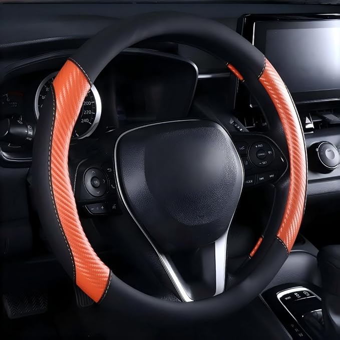 Carbon Fiber Steering Wheel Cover - Premium Perforated Leather Sport Wrap with Odorless Rubber Non-Slip Inner, Universal Fit for Cars SUVS - 15 Inch (Orange)