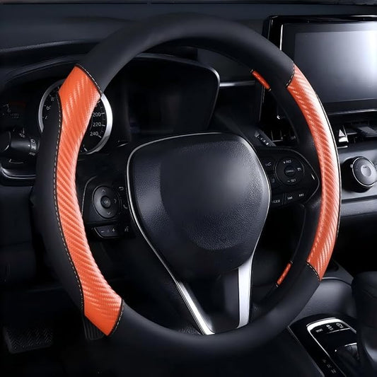 Carbon Fiber Steering Wheel Cover - Premium Perforated Leather Sport Wrap with Odorless Rubber Non-Slip Inner, Universal Fit for Cars SUVS - 15 Inch (Orange)