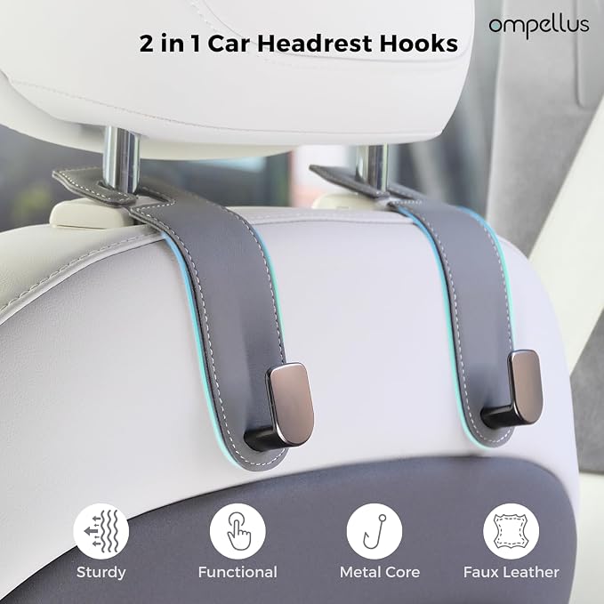 Car Headrest Hook, 2 Pack Leather Car Seat Hooks for Purses and Bags, Car Organization Accessories (Grey)