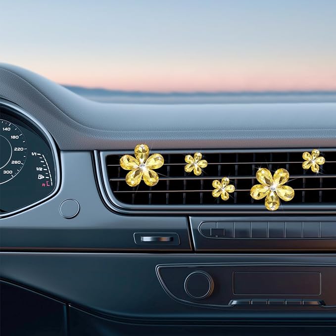 Zpana Bling Daisy Flower Car Air Vent Clips, 5PCS Sparkling Crystal Rhinestone Cute Vehicle Air Conditioning Clamp, Diamond Auto Air Outlet Clip Decor for Women Girls, Universal Fit (Golden)