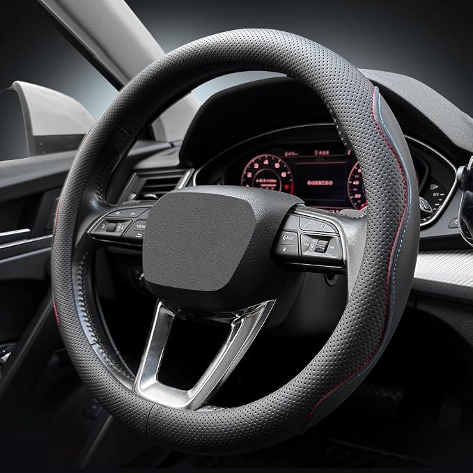 LKWLIKEI Nappa Premium Leather car Steering Wheel Cover, Non-Slip, Breathable, Universal 15 inches,Black and red Blue line