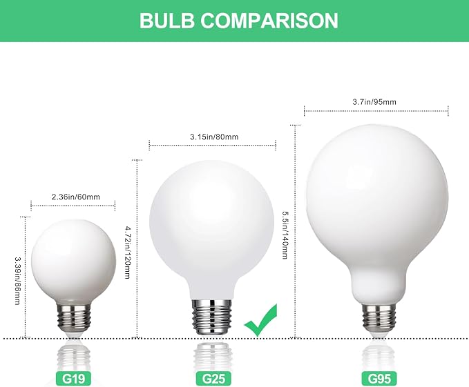 Vinaco Glass G25 led Globe Light Bulbs Dimmable 6W 120V 5000K for Bathroom | 6PCS, Milky Frosted Glass, 60W Eq. 450LM, 360°Beam,Warm White, NO Flicker, High CRI90+, E26 Base, for Makeup Mirror & Pendant