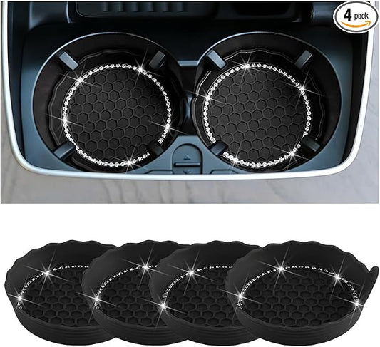 HZEL 4PCS Bling Car Cup Holder Coaster, Shiny Crystal Rhinestone Silicone Dustproof Drink Cup Insert Pad, Dazzling Automotive Interior Water Bottle Holder Embedded Mat, Universal Fit (Black)