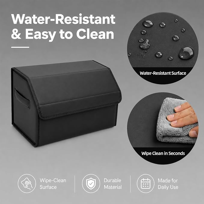 Car Trunk Organizer, Foldable Cargo Storage Box with Hook-and-Loop Lid, Suede & Faux Leather Trunk Organizer for SUV Sedan Truck, Adjustable Divider, Handles, Black, 19.7inches