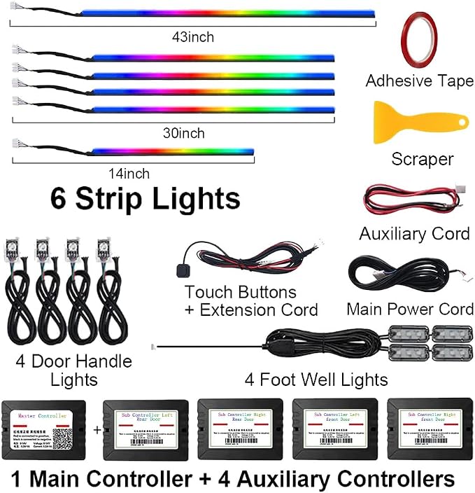 RGB 14 in 1 Interior Car LED Strip Light with Wireless APP,16 Million Interior Lights Car Dreamcolor Acrylic Ambient Lighting 600 LED Music Sync Neon Lights Kits (14 in 1 Set + App Control)