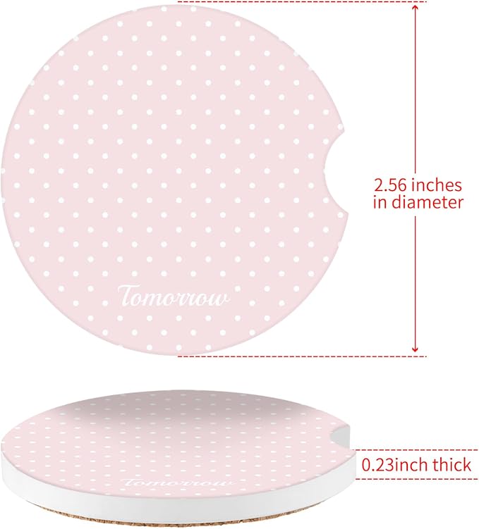 Cute Fashion Polka Dot Car Coasters 2 Pack for Cup Holders, 2.56 Inch Finger Notch Retro 70's Style Ceramics Heat Resistant Anti Slip Cork Base Car Drinks Coasters Auto Accessories-Pink