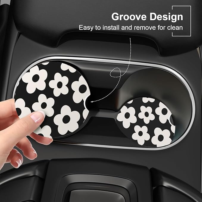 Ceramic Car Coasters – Absorbent Car Cup Holder Coaster Set for Women, Cute Aesthetic Car Accessories for Girls, 2 Pack (Carbon Black)