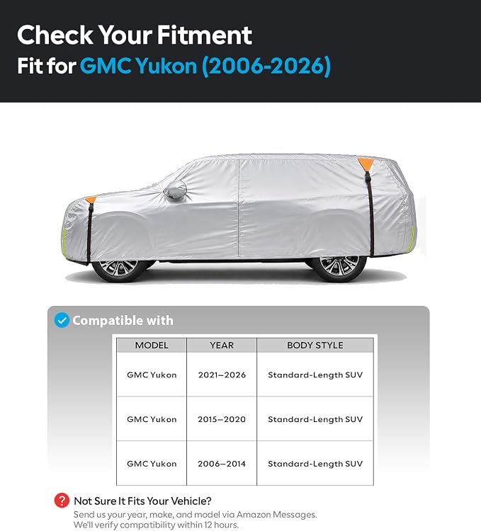 Wigoo Car Cover Compatible with GMC Yukon 2006-2026, Custom Fit Waterproof All Weather Outdoor Indoor Full SUV Cover, Windproof Sun UV Rain Snow Dust Protection, Door Zipper, Reflective Strips