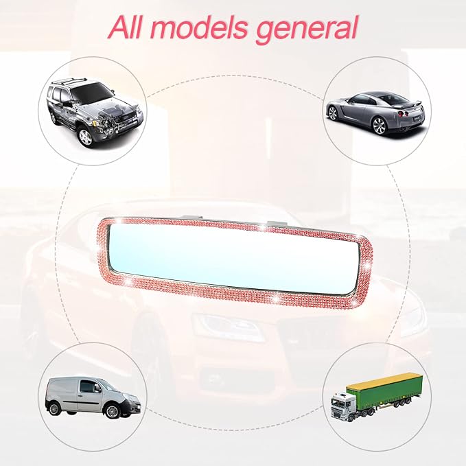 Car Bling Rearview Mirror, Rhinestones Crystal Diamonds Rear View Mirrors with HD Glass, Universal Clip-on Rear View Mirrors for Cars, Vehicles, SUVs, Car Accessories for Women Girls (Red)