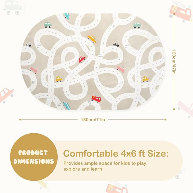 STARUIA Large Kids Rug for Playroom, 4x6 Washable Road Car Rug for Kids Room, Non-Slip Car Carpet for Boys Room, Tan Traffic Classroom Rugs Soft Baby Play Mat for Bedroom Dorm Nursery Tent