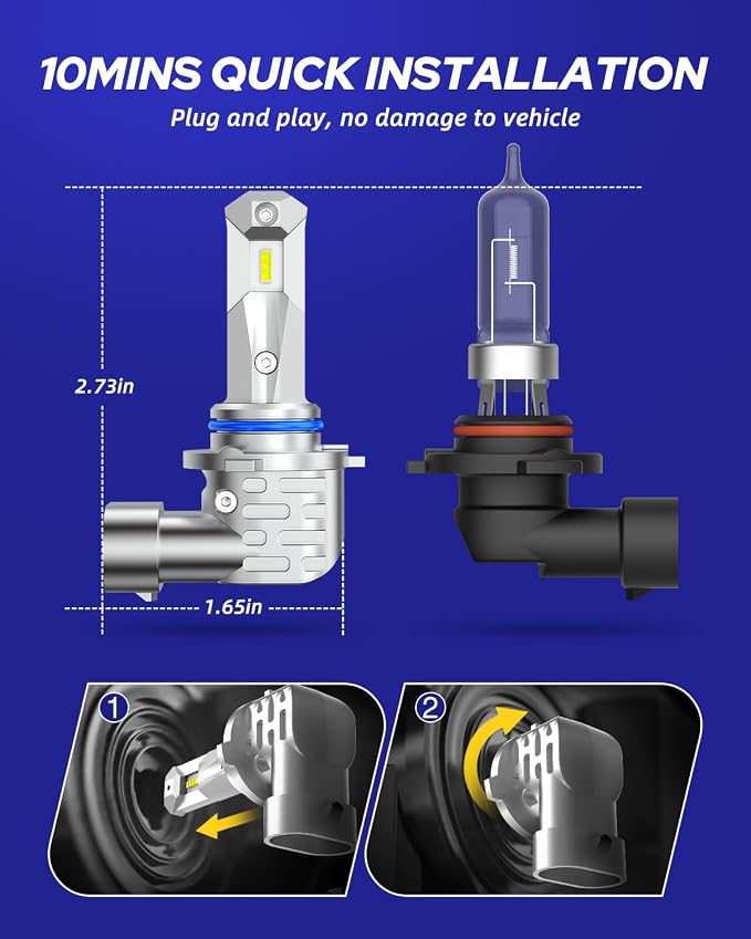 AUTOONE HB3 9005 Light Bulbs, Fanless No Flicker 40000LM 6000K Fog Lights Canbus, 10YR Lifespan, Pack of 2