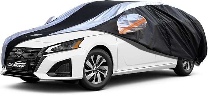 Altima Car Cover Waterproof All Weather with Silver Strip Design, Custom Fit for Altima 2005–2025, Accessory with Door Zipper & Windproof Straps