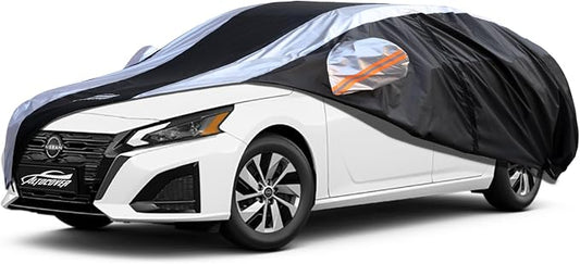 Altima Car Cover Waterproof All Weather with Silver Strip Design, Custom Fit for Altima 2005–2025, Accessory with Door Zipper & Windproof Straps