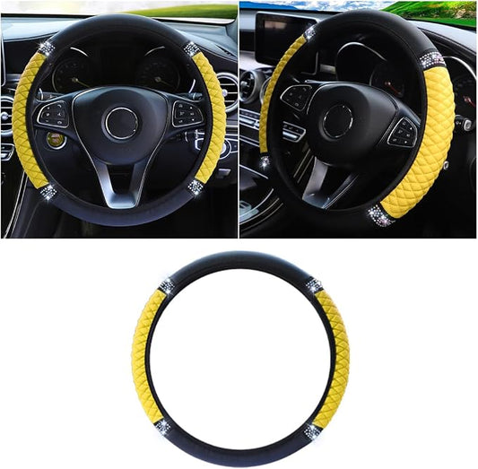 JOYCOURT 15 Inch Bling Soft Leather Car Steering Wheel Cover, Yellow | Colorful Rhinestones Design, Auto Elastic Protector for Women Girls, Crystal Diamond Car Accessories for Most Cars, SUVs