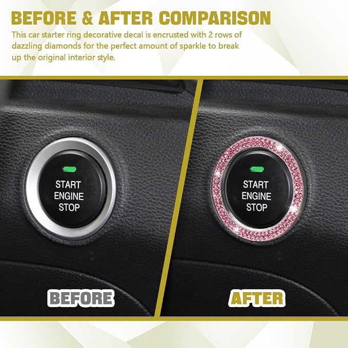 2PCS Bling Car Crystal Rhinestone Ring Emblem Sticker, Push to Start Button Cover/Sticker, Key Ignition Starter & Knob Ring, Car Interior Decoration Bling Car Accessories for Women