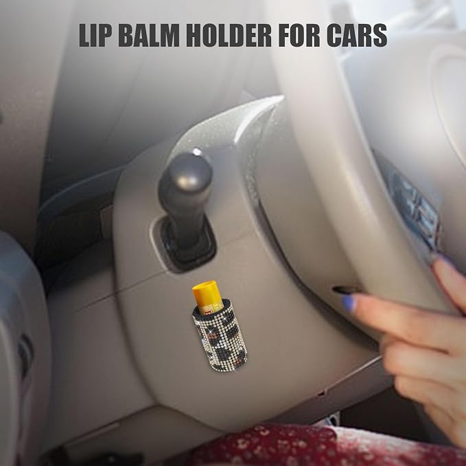 Upright Car Chapstick Holder, Bling Insulating Lip Balm Holder,Rhinestone Car Accessories for Women Interior ,Suitable for Most Vehicles. (Leopard print)