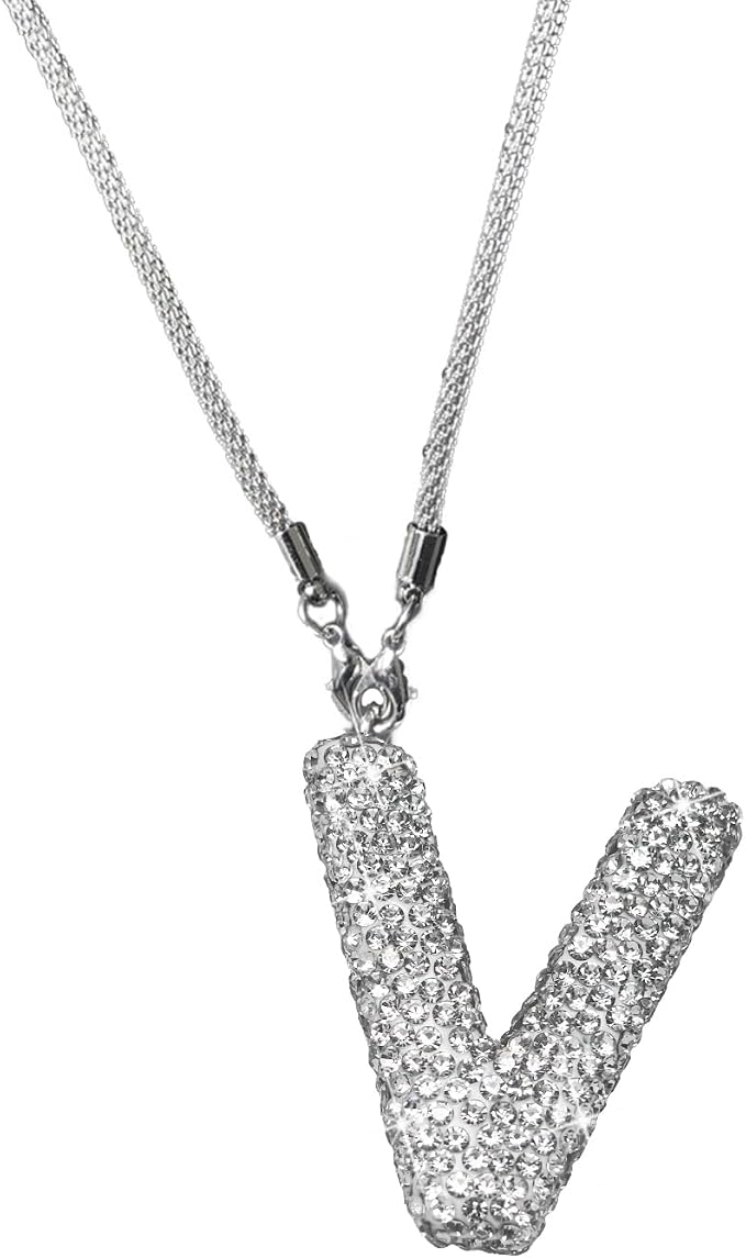 Bling Car Accessories for Women Letter Charm, Rear View Mirror Ornament Cute Hanging Crystal Pendant Girl Car Decorations, Lucky Diamond Rhinestone Girly Charm Interior (White V)