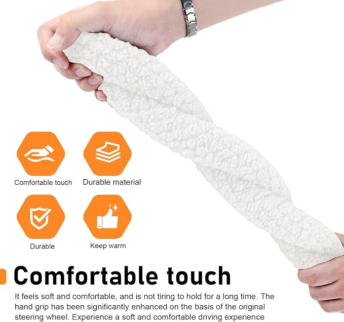 Fuzzy Warm Steering Wheel Cover for Winter, Soft Faux Lamb Fleece with Anti-Slip Inner Ring, 14.96" Inner Diameter Cozy Protective Driving Cover, Universal for Most Cars (White)