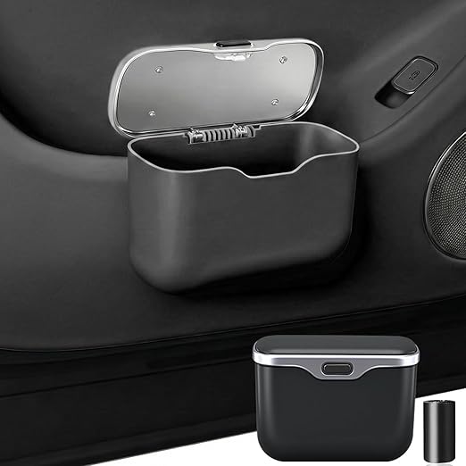 Hanging Car Trash Can, Leakproof Garbage Bin with Lid, Black | ABS Construction, Clip-On Door/Back Seat Pocket Mount, Waterproof Liner, Push-Top Opening, For Suvs, Trucks, Sedans, Vans