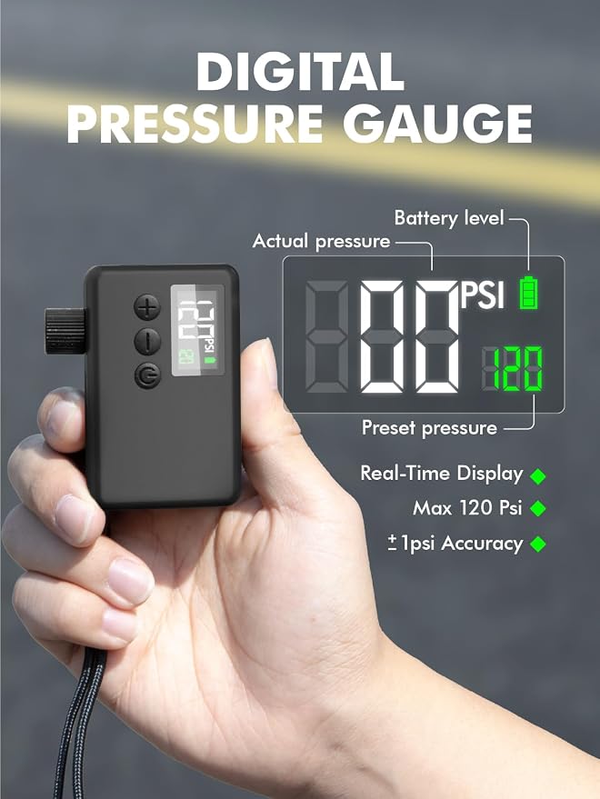 GPUTEK Mini Bike Pump Electric for Presta and Schrader Valves Bicycle Tire | Fast Inflate, Portable, 120 PSI Air Pressure, with Digital Gauge for Road Bike, Mountain Bike, E-Bike