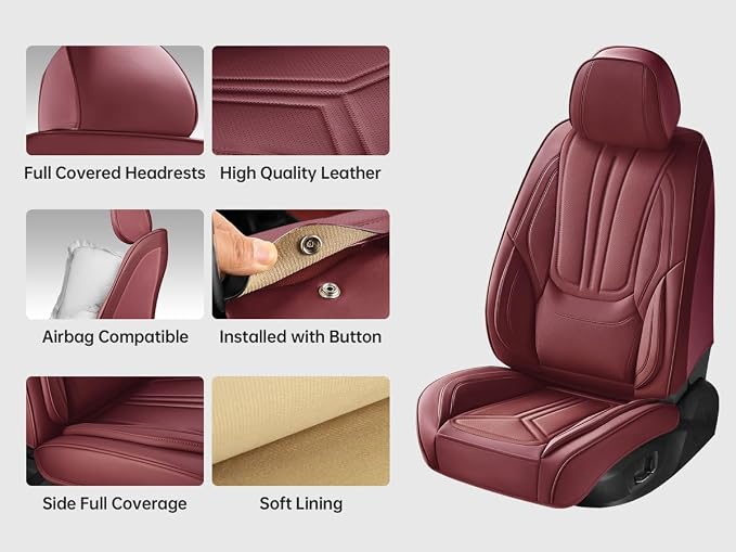 Car Seat Covers Full Set Burgundy, Premium Leather Car Seat Covers, Waterproof and Breathable Seat Covers, Universal Car Seat Protector Fit for Cars, Trucks, SUVs, Pick-ups (Wine Red, FullSet)