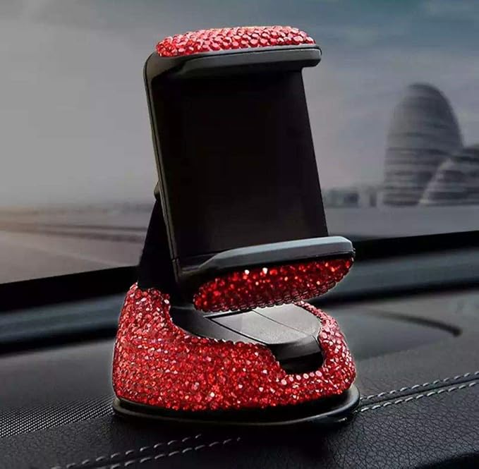 SUNCARACCL Bling Car Phone Holder, 360°Adjustable Crystal Auto Phone Mount Universal Rhinestone Car Stand Phone Holder Car Accessories for Windshield Dashboard and Air Outlet (Red)