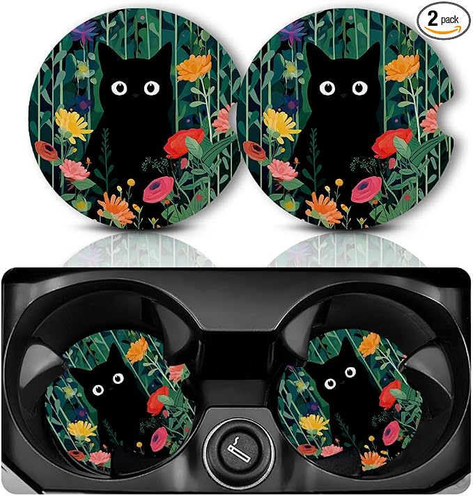 Yonlevres Car Coasters for Cup Holders，2.75" Anti Slip Rubber Mat with A Finger Notch, 2 Pack Car Cup Holder Coasters for Car Interior Accessories for Women Men Flower Balck Cat