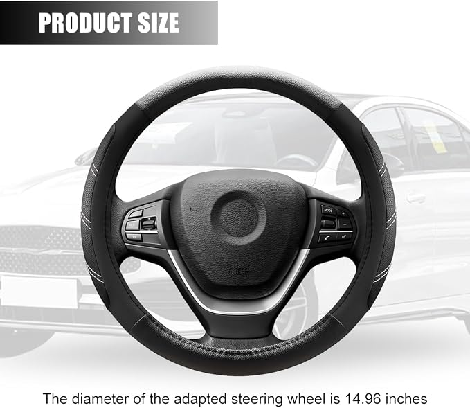 Zpana Car Steering Wheel Cover, 15 Inch Carbon Fiber Leather Non-Slip Steering Wheel Protector with Lining, Breathable Automotive Interior Accessories, Universal for SUV RV Truck (Black)