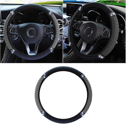 JOYCOURT 15 Inch Bling Soft Leather Car Steering Wheel Cover, Grey | Colorful Rhinestones Design, Auto Elastic Protector for Women Girls, Crystal Diamond Car Accessories for Most Cars, SUVs