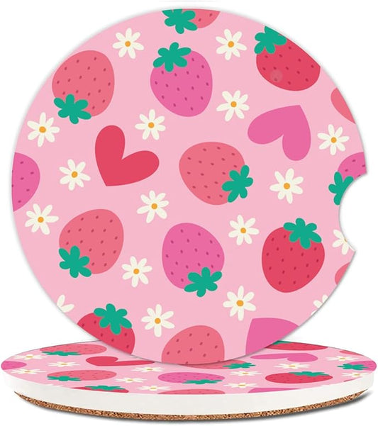 Absorbent Car Cupholder Coaster 2 Pack, Cute Car Coasters with a Finger Notch for Women & Men,2.56" Ceramic Stone & Non-Scratch Cork Base Drink Coasters (Cute Strawberries)