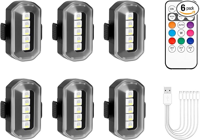 Upgraded 6PCS Wireless Strobe Lights for Car Motorcycle Bike Remote Bright 5 LEDs Anti Collision Lighting USB-C Rechargeable RGB Mini Exterior Warning Flashing Interior Ambient Light IP67 Waterproof
