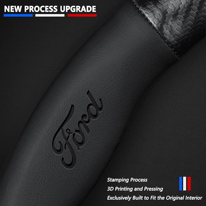 Steering Wheel Cover Compatible with Ford, Nappa Leather&Carbon Fiber Texture Steering Wheel Cover, 14.5-15 Inch Diameter with 2 Coasters and USB Fast Charging Cable (Black)