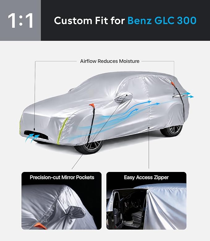 Wigoo Mercedes-Benz GLC-Class Car Cover Accessories 2016-2026, Custom Fit SUV Cover, All-Weather Outdoor Protection, Windproof Straps, UV Rain Dust Protection, Paint-Safe Lining, Door Zipper