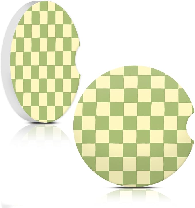 Beige Green Checkerd Car Coasters for Cup Holder Absorbent Ceramic Cup Coaster 2 Pack Anti Slip Car Interior Accessories with Finger Notch Cork Base for Women Men 2.56"