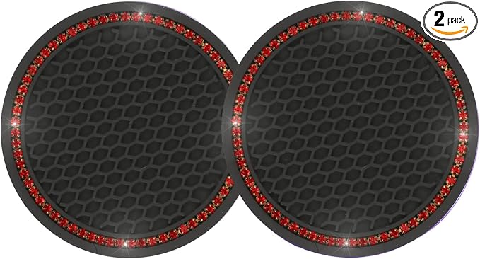 2PCS Bling Car Cup Coaster, Universal Cup Holder Insert Coaster, Rhinestone Anti Slip Silicone Car Accessories Coaster, Suitable for Most Car Interior, Best Gift Car Bling for Women, Black and Red