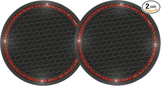 2PCS Bling Car Cup Coaster, Universal Cup Holder Insert Coaster, Rhinestone Anti Slip Silicone Car Accessories Coaster, Suitable for Most Car Interior, Best Gift Car Bling for Women, Black and Red