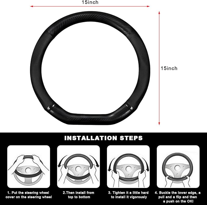 Car Breathable Steering Wheel Cover, Carbon Fiber Wear-Resistant D Shape Steering Wheel Protector for Comfy Grip, Universal Non-Slip Leather Wheel Sleeve for Most Car SUV Truck (Black)