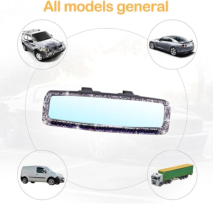 Osilly Bling Car Rearview Mirror, Decorations Rear View Mirror with Crystal Rhinestones & Diamonds, Car Interior Trim Accessories, Clip-on & HD Glass, Sparkly Gift (Purple)
